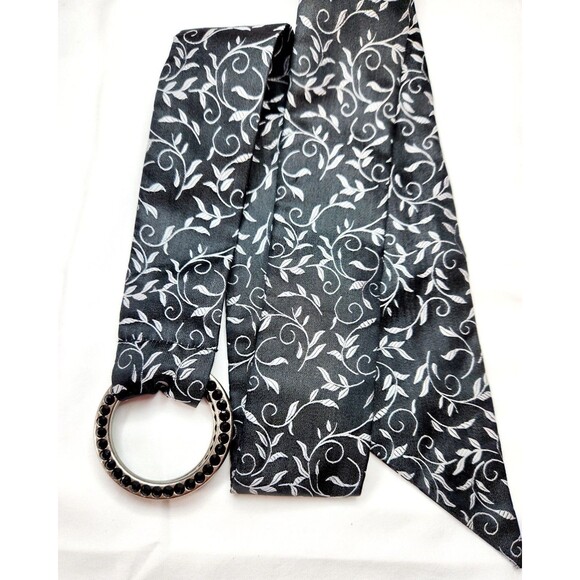 Vtg Y2K Express Womens Belt Sz Sm 34" 100% Silk Black Silver Rhinestone Buckle - Picture 8 of 9